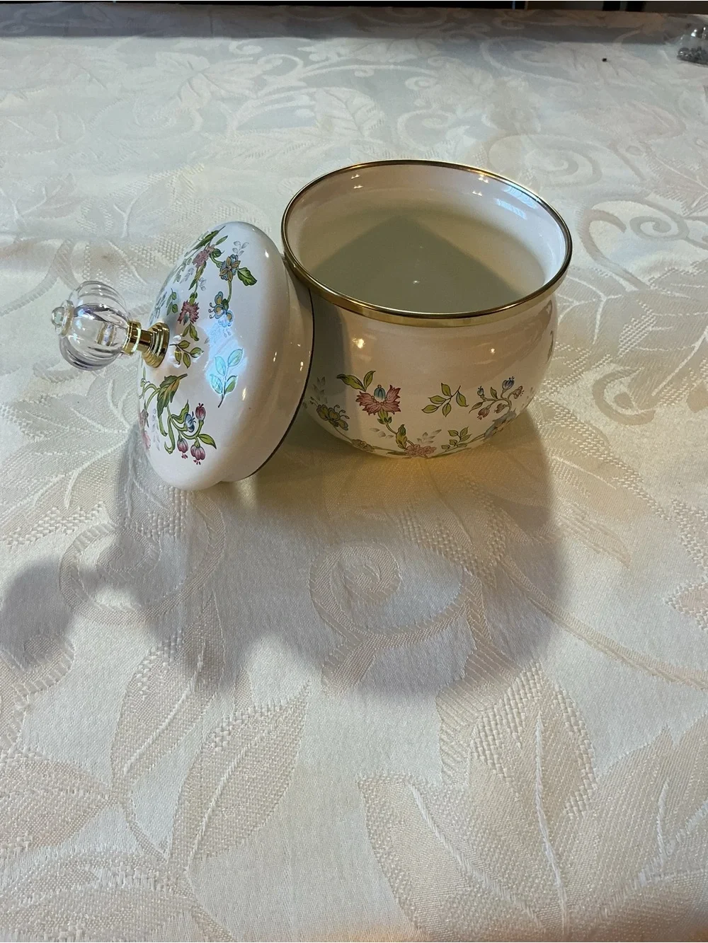 Cottagecore Floral Enamel Cream and Gold Tone Lidded Jar